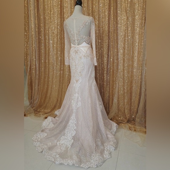 Blush Pink Lace Evening Gown | Long Sleeve Formal Wedding / Prom Dress | Size 8 - Picture 3 of 8